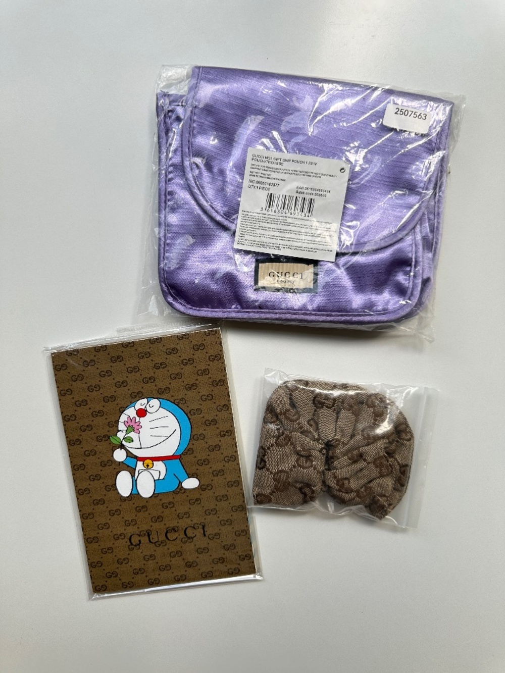 Gucci Doraemon Notebook Journal Headband Scrunchie Lavender Satin Cosmetic Pouch